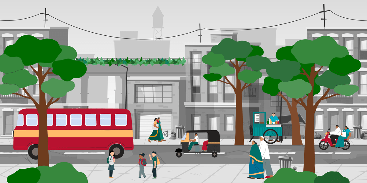 Ilustrasi pemandangan kota dengan pepohonan, bus, dan orang-orang yang sedang berjalan dan bepergian.