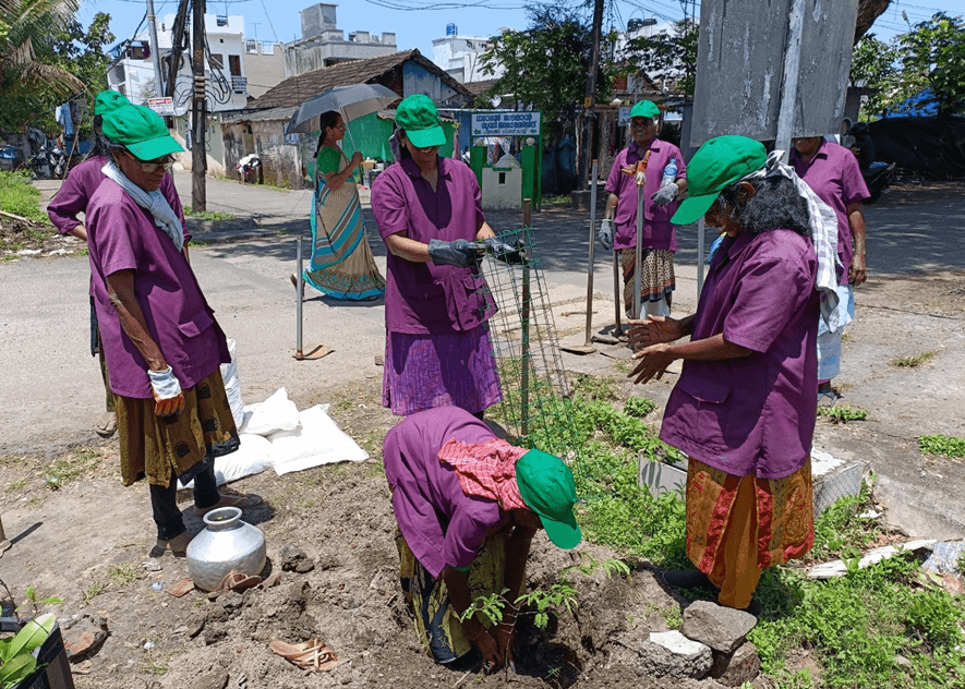 Para wanita yang mengenakan kemeja ungu dan topi hijau menanam pohon.