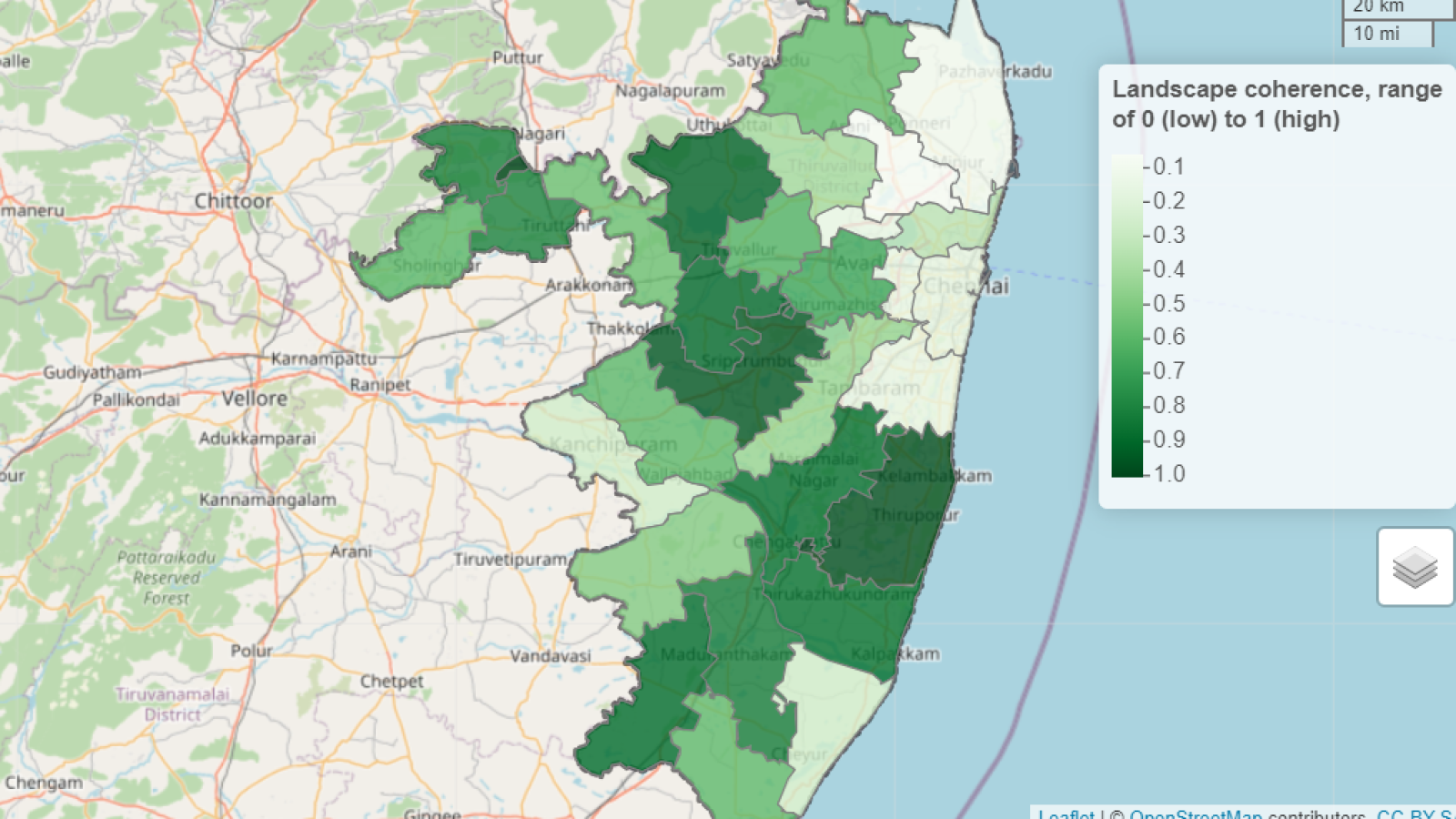 Tangkapan layar dasbor yang menunjukkan konektivitas area hijau di Chennai.