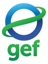 logo untuk fasilitas lingkungan global. pita hijau membungkus lingkaran biru, dan gef muncul dalam warna hijau dengan huruf kecil di bawahnya.