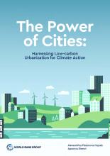 sampul depan laporan The Power of Cities: Memanfaatkan Urbanisasi Rendah Karbon untuk Aksi Iklim. Sampul depan laporan ini merupakan ilustrasi bergaya grafis dari cakrawala perkotaan dengan latar belakang turbin angin, dalam nuansa biru dan hijau.
