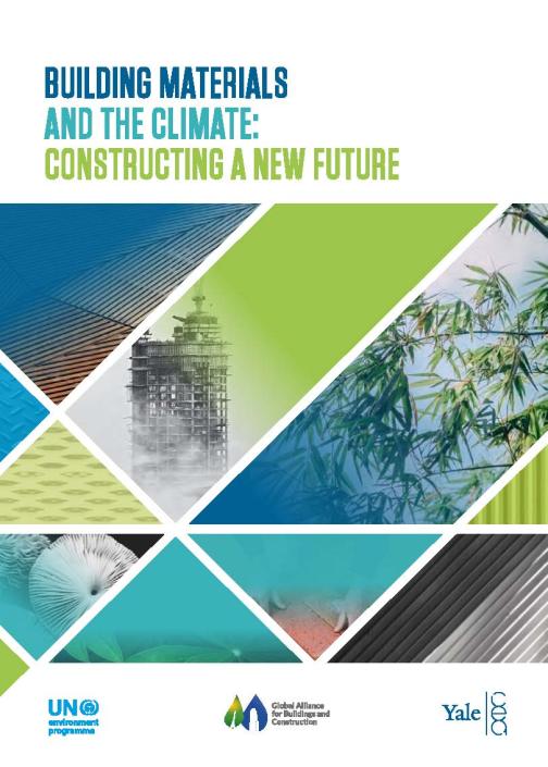 sampul bahan bangunan dan iklim: membangun laporan masa depan yang baru. tema biru dan hijau, dengan desain geometris yang menampilkan bangunan dan gambar alam